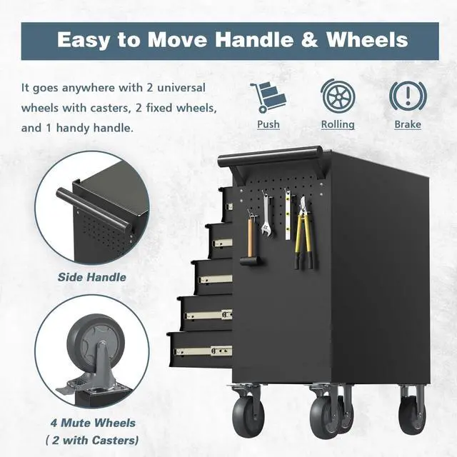 Alt view image 6 of 6 - 5-Drawer Tool Chest, Rolling Tool Box with Wheels, High Capacity Detachable Mobile Tool Storage Cabinet for Workshop, Garage, Mechanics and Repair Room (Black, 5-Drawer)