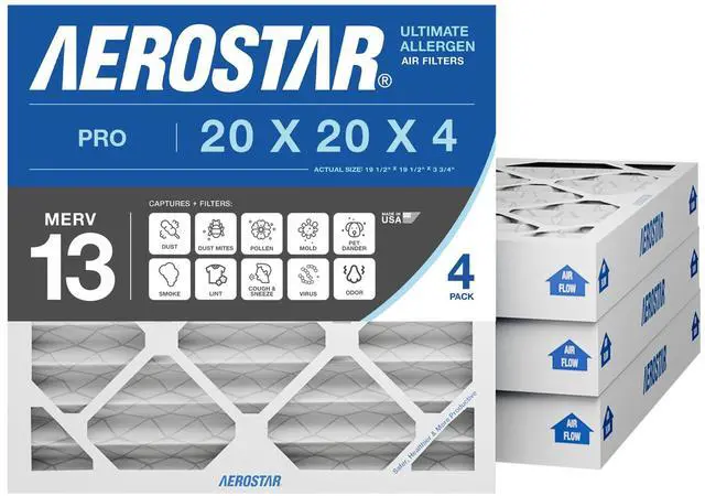 Main image of 20x20x4 Slim MERV 13 High Efficiency Pleated Air Filter, 4-Pack, Electrostatic AC Furnace HVAC Replacement, Captures Smoke Bacteria Allergy Dust Pollen Pet Dander (19.5x19.5x3.75)