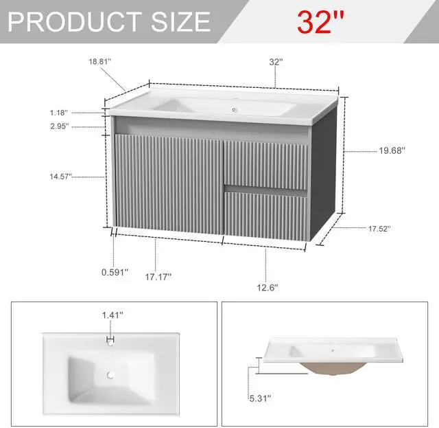 Alt view image 2 of 6 - Floating Bathroom Vanity 32 Inch, Wall Mounted Bathroom Vanity with Ceramic Sink and 2 Drawers for Storage, Modern Wave-Carved Design Wooden Sink Cabinet, Grey