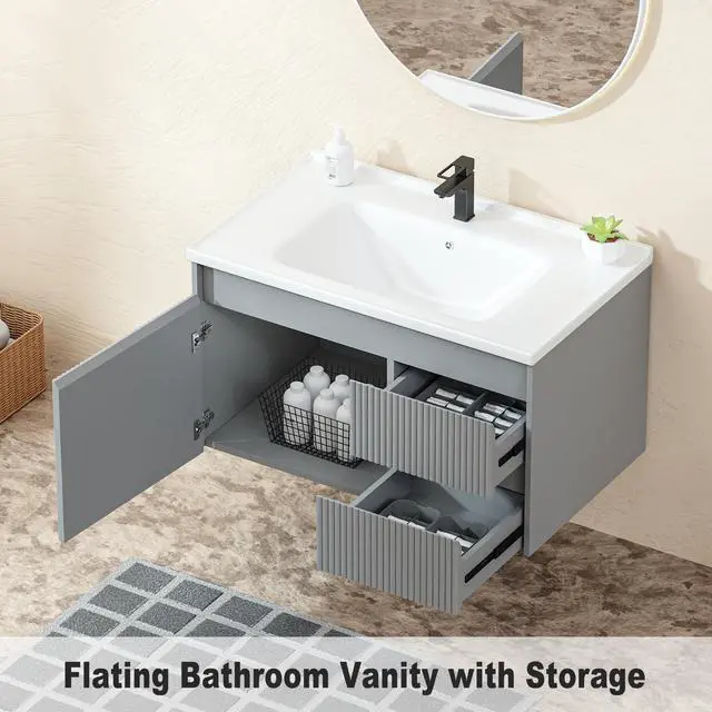 Alt view image 3 of 6 - Floating Bathroom Vanity 32 Inch, Wall Mounted Bathroom Vanity with Ceramic Sink and 2 Drawers for Storage, Modern Wave-Carved Design Wooden Sink Cabinet, Grey