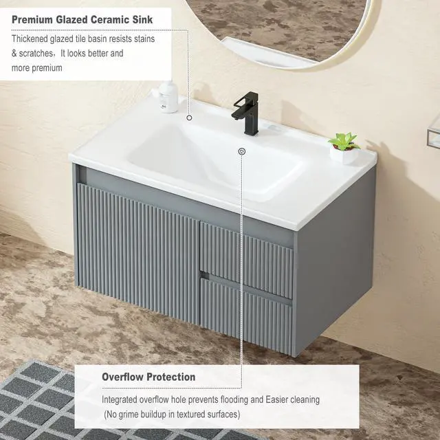Alt view image 4 of 6 - Floating Bathroom Vanity 32 Inch, Wall Mounted Bathroom Vanity with Ceramic Sink and 2 Drawers for Storage, Modern Wave-Carved Design Wooden Sink Cabinet, Grey
