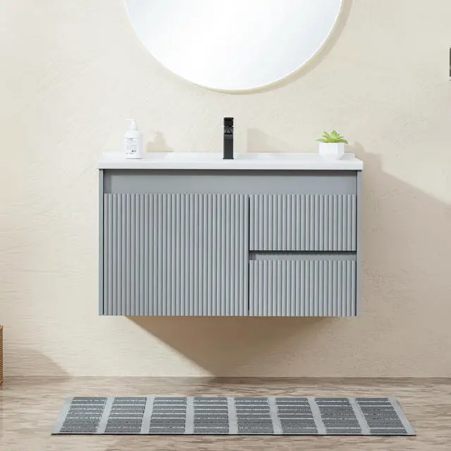 Alt view image 6 of 6 - Floating Bathroom Vanity 32 Inch, Wall Mounted Bathroom Vanity with Ceramic Sink and 2 Drawers for Storage, Modern Wave-Carved Design Wooden Sink Cabinet, Grey