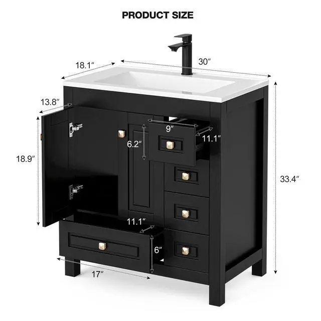 Alt view image 2 of 6 - 30" Bathroom Vanities with Sink Combo, Modern Thickened Wood Bathroom Storage Cabinet w/Undermount Sink, Matte Black Faucet Drain, Painted Surface,Black