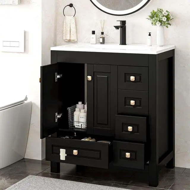 Alt view image 3 of 6 - 30" Bathroom Vanities with Sink Combo, Modern Thickened Wood Bathroom Storage Cabinet w/Undermount Sink, Matte Black Faucet Drain, Painted Surface,Black