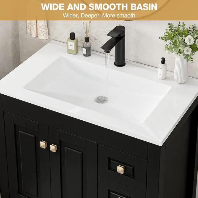 Alt view image 4 of 6 - 30" Bathroom Vanities with Sink Combo, Modern Thickened Wood Bathroom Storage Cabinet w/Undermount Sink, Matte Black Faucet Drain, Painted Surface,Black