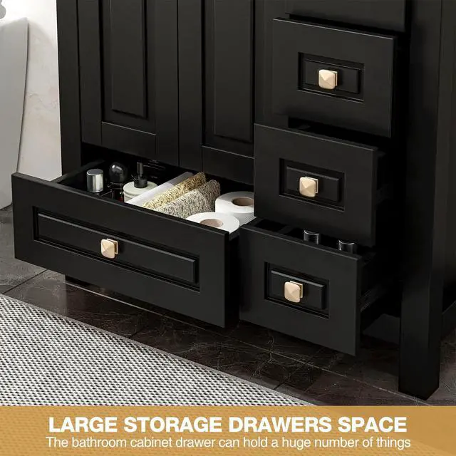 Alt view image 5 of 6 - 30" Bathroom Vanities with Sink Combo, Modern Thickened Wood Bathroom Storage Cabinet w/Undermount Sink, Matte Black Faucet Drain, Painted Surface,Black