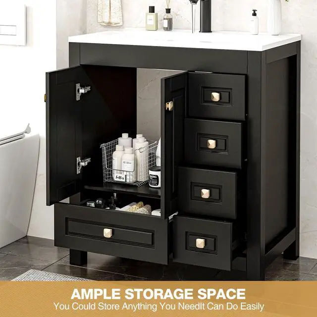 Alt view image 6 of 6 - 30" Bathroom Vanities with Sink Combo, Modern Thickened Wood Bathroom Storage Cabinet w/Undermount Sink, Matte Black Faucet Drain, Painted Surface,Black