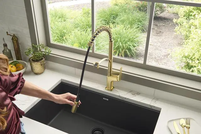 Alt view image 5 of 6 - Seneca Single Handle Pull Down Spring Kitchen Faucet with Pre-Rinse Sprayer in Brushed Gold - RVF1236SG
