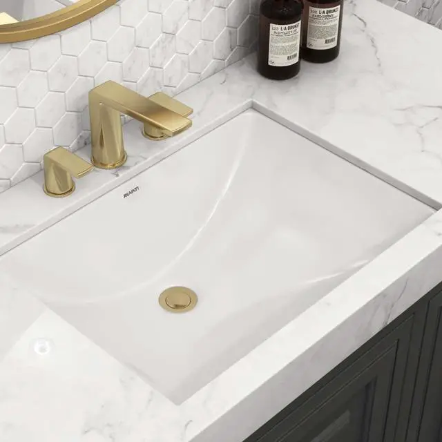 Alt view image 2 of 6 - 21 x 14 inch Undermount Bathroom Sink - White Rectangular Porcelain Ceramic with Overflow - Small Bathroom Sink for Vanity - Durable Bath Sinks - Ideal Bathroom Sinks - RVB0721