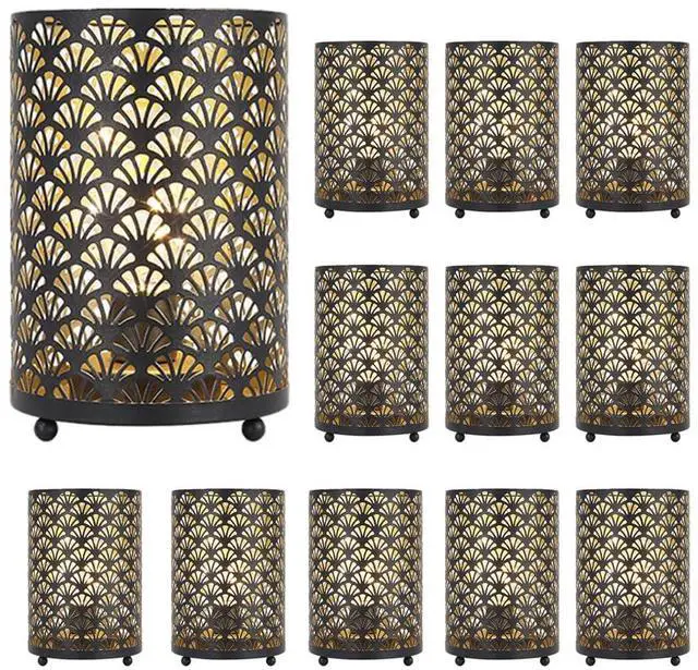 Main image of Set of 12 Table Lamp 6.5'' Tall Metal Cordless Table Lamp Bronze Lanterns with Warm Fairy Lights Bulb for Patio Garden Wedding Parties Indoor Outdoor(Scalloped Hollow Pattern)