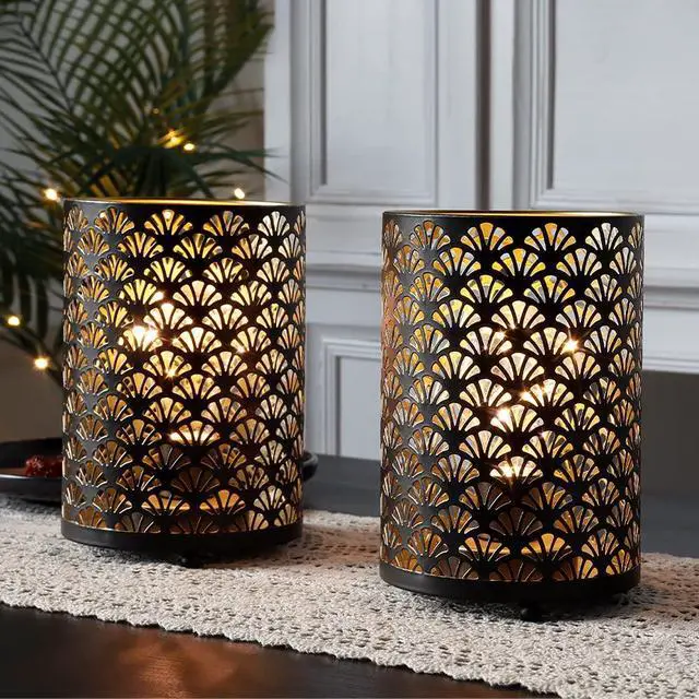 Alt view image 3 of 6 - Set of 12 Table Lamp 6.5'' Tall Metal Cordless Table Lamp Bronze Lanterns with Warm Fairy Lights Bulb for Patio Garden Wedding Parties Indoor Outdoor(Scalloped Hollow Pattern)