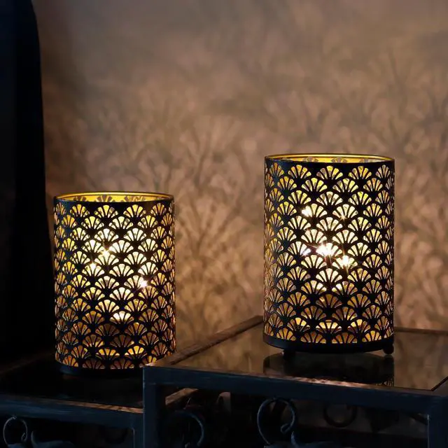 Alt view image 4 of 6 - Set of 12 Table Lamp 6.5'' Tall Metal Cordless Table Lamp Bronze Lanterns with Warm Fairy Lights Bulb for Patio Garden Wedding Parties Indoor Outdoor(Scalloped Hollow Pattern)