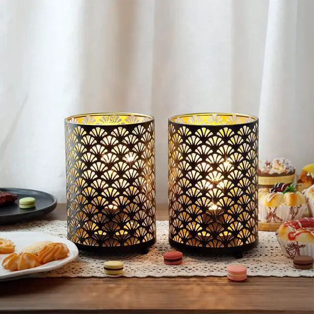 Alt view image 5 of 6 - Set of 12 Table Lamp 6.5'' Tall Metal Cordless Table Lamp Bronze Lanterns with Warm Fairy Lights Bulb for Patio Garden Wedding Parties Indoor Outdoor(Scalloped Hollow Pattern)