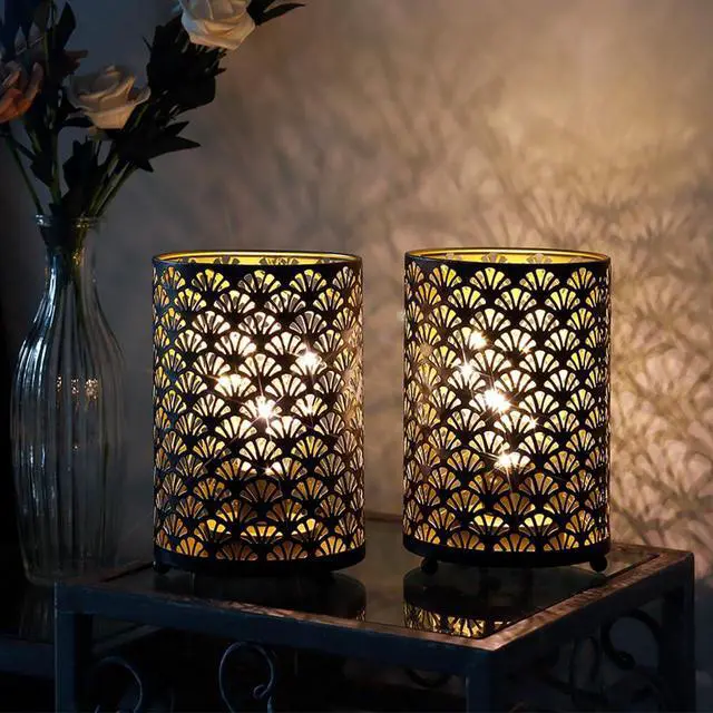 Alt view image 6 of 6 - Set of 12 Table Lamp 6.5'' Tall Metal Cordless Table Lamp Bronze Lanterns with Warm Fairy Lights Bulb for Patio Garden Wedding Parties Indoor Outdoor(Scalloped Hollow Pattern)
