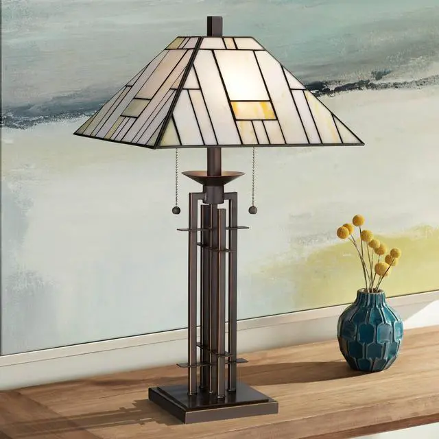 Main image of Mission Tiffany Style Table Lamp Art Deco 26.25" High Wrought Iron Dark Bronze Brown Gold White Stained Glass Shade for Living Room Bedroom House Bedside Nightstand Home Office