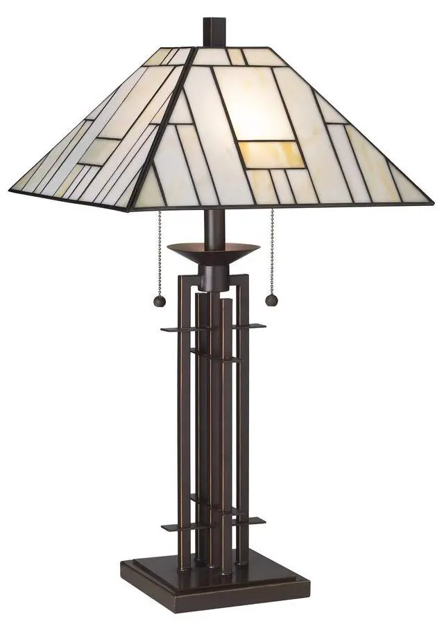 Alt view image 2 of 6 - Mission Tiffany Style Table Lamp Art Deco 26.25" High Wrought Iron Dark Bronze Brown Gold White Stained Glass Shade for Living Room Bedroom House Bedside Nightstand Home Office
