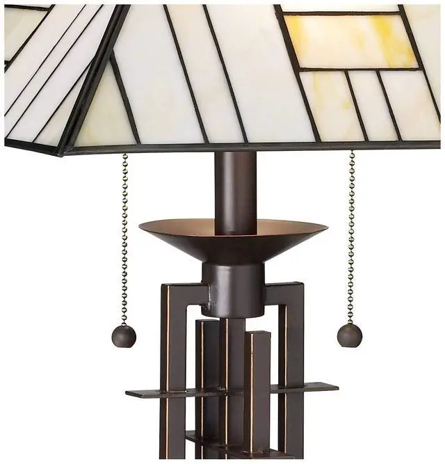 Alt view image 3 of 6 - Mission Tiffany Style Table Lamp Art Deco 26.25" High Wrought Iron Dark Bronze Brown Gold White Stained Glass Shade for Living Room Bedroom House Bedside Nightstand Home Office
