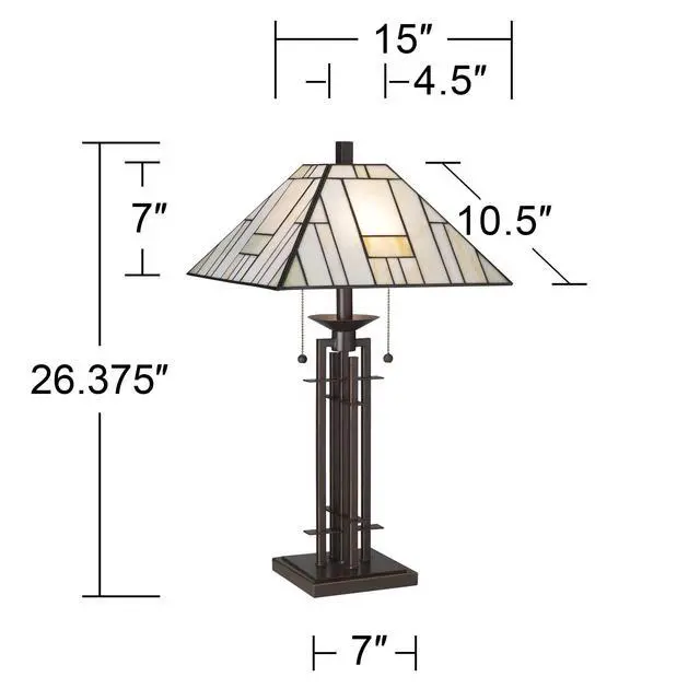 Alt view image 4 of 6 - Mission Tiffany Style Table Lamp Art Deco 26.25" High Wrought Iron Dark Bronze Brown Gold White Stained Glass Shade for Living Room Bedroom House Bedside Nightstand Home Office