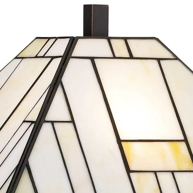 Alt view image 6 of 6 - Mission Tiffany Style Table Lamp Art Deco 26.25" High Wrought Iron Dark Bronze Brown Gold White Stained Glass Shade for Living Room Bedroom House Bedside Nightstand Home Office