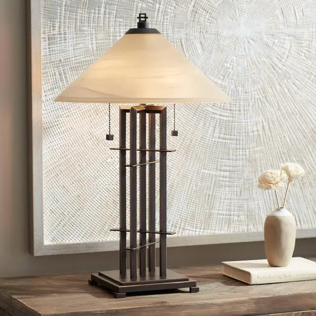 Main image of Metro Collection Planes 'n' Posts Mission Rustic Accent Table Lamp 23.5" High Bronze Cone Alabaster Art Glass Shade Decor for Living Room Bedroom House Bedside (Color May Vary)