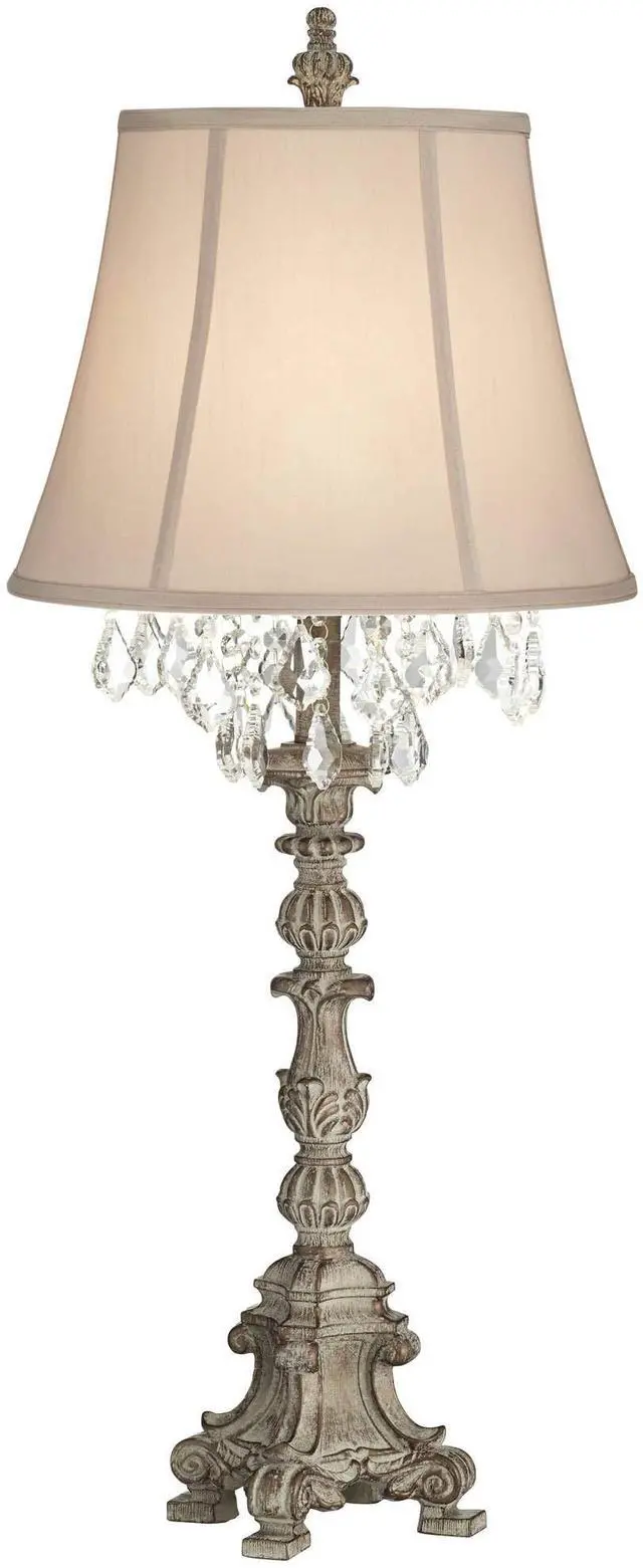 Main image of Duval French Country Cottage Core Table Lamp 34" Tall Crystal Distressed Antique White Candlestick Beige Bell Shade Decor for Living Room House Bedside Nightstand Home Office Family