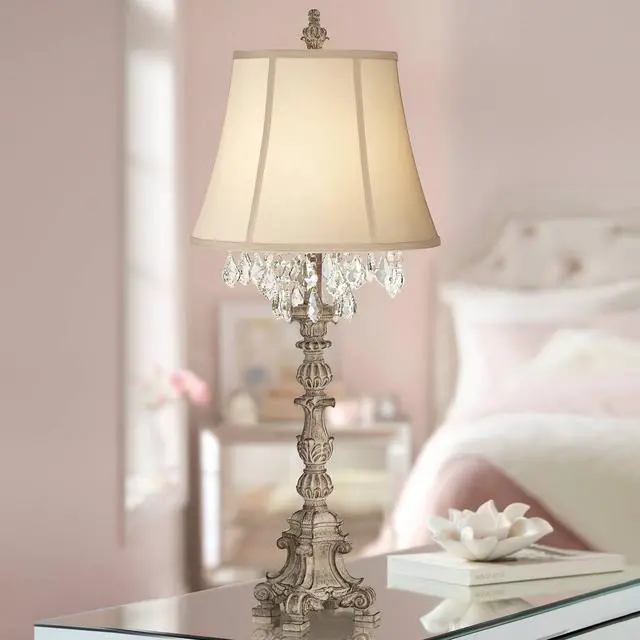 Alt view image 2 of 6 - Duval French Country Cottage Core Table Lamp 34" Tall Crystal Distressed Antique White Candlestick Beige Bell Shade Decor for Living Room House Bedside Nightstand Home Office Family