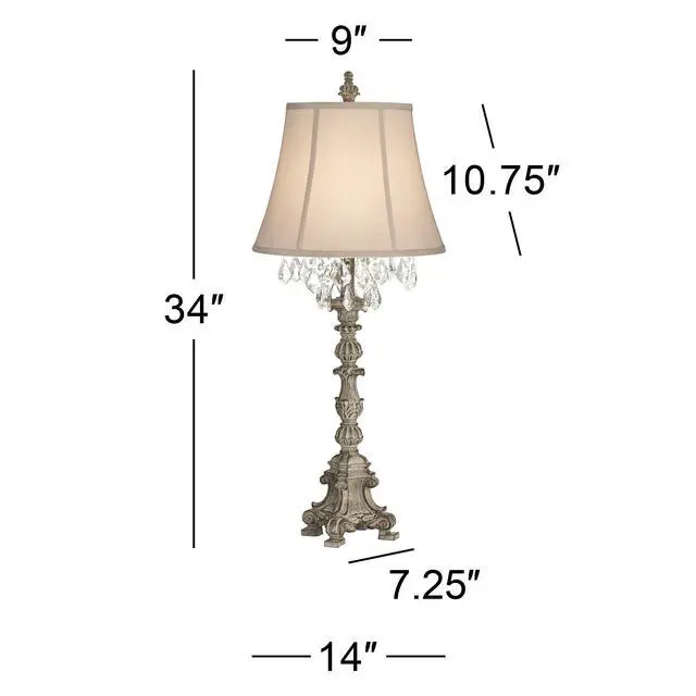Alt view image 4 of 6 - Duval French Country Cottage Core Table Lamp 34" Tall Crystal Distressed Antique White Candlestick Beige Bell Shade Decor for Living Room House Bedside Nightstand Home Office Family