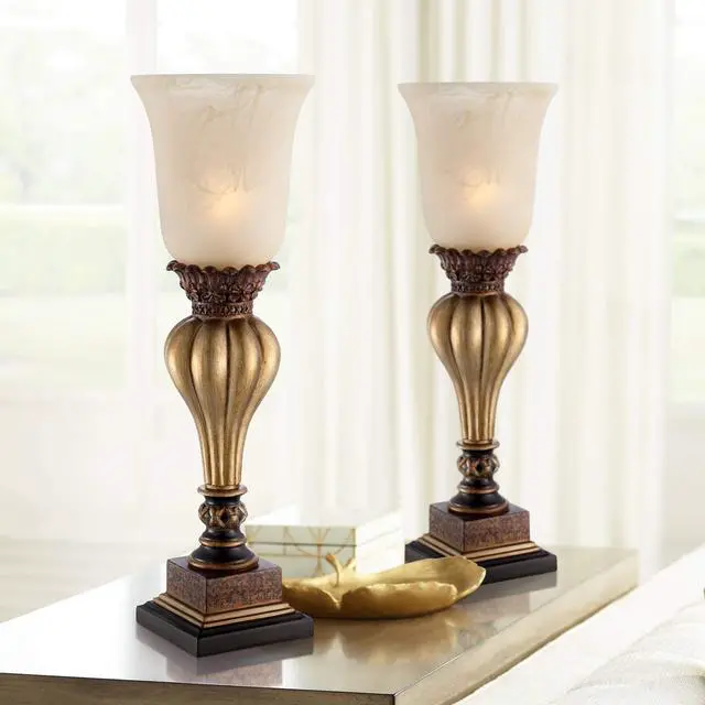 Alt view image 2 of 6 - Sattley Traditional Uplight Accent Table Lamps 23 1/4" High Set of 2 Light Gold Alabaster Glass Shade Decor for Living Room Bedroom House Bedside Nightstand Home Office Family