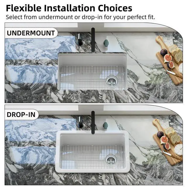 Alt view image 2 of 6 - 30"W x 19"D White Kitchen Sink with Offset Drain Opening, 30 Inch Fireclay Undermount Workstation Sink Single Bowl, Durable Dual Mount Sinks, Cutting Board, Grid, Strainer Included