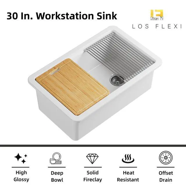 Alt view image 3 of 6 - 30"W x 19"D White Kitchen Sink with Offset Drain Opening, 30 Inch Fireclay Undermount Workstation Sink Single Bowl, Durable Dual Mount Sinks, Cutting Board, Grid, Strainer Included