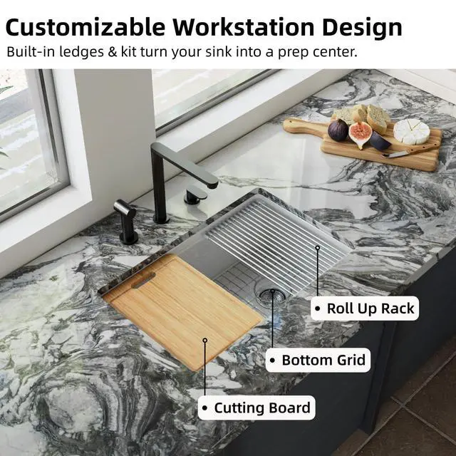 Alt view image 4 of 6 - 30"W x 19"D White Kitchen Sink with Offset Drain Opening, 30 Inch Fireclay Undermount Workstation Sink Single Bowl, Durable Dual Mount Sinks, Cutting Board, Grid, Strainer Included
