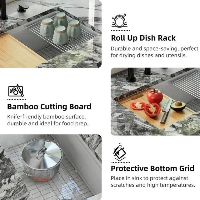 Alt view image 5 of 6 - 30"W x 19"D White Kitchen Sink with Offset Drain Opening, 30 Inch Fireclay Undermount Workstation Sink Single Bowl, Durable Dual Mount Sinks, Cutting Board, Grid, Strainer Included