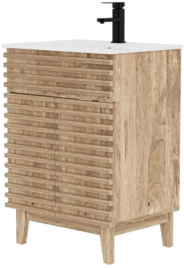 Main image of 24" Bathroom Vanity with Sink Combo, Mid-Century Storage Cabinet with Wood Stripes, Ceramic Sink and Water Saving Faucet, Walnut