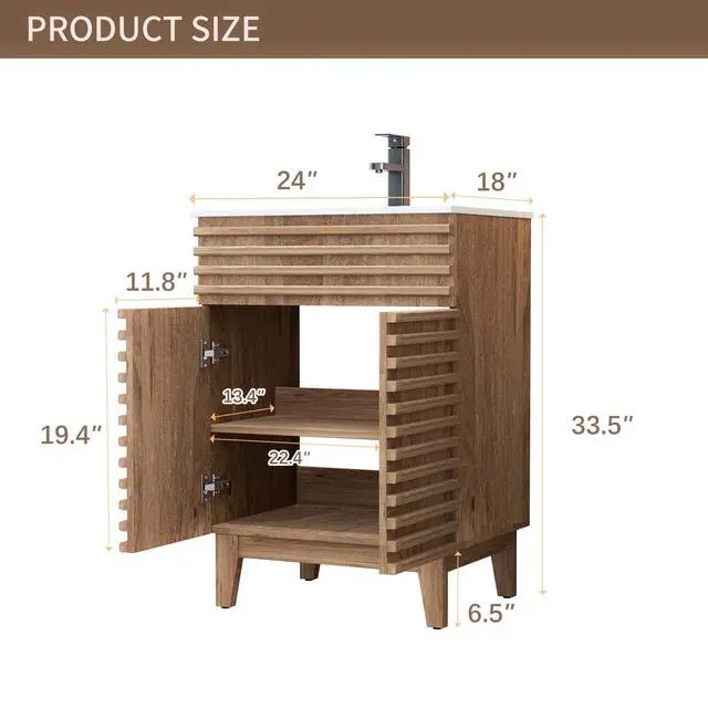Alt view image 3 of 6 - 24" Bathroom Vanity with Sink Combo, Mid-Century Storage Cabinet with Wood Stripes, Ceramic Sink and Water Saving Faucet, Walnut