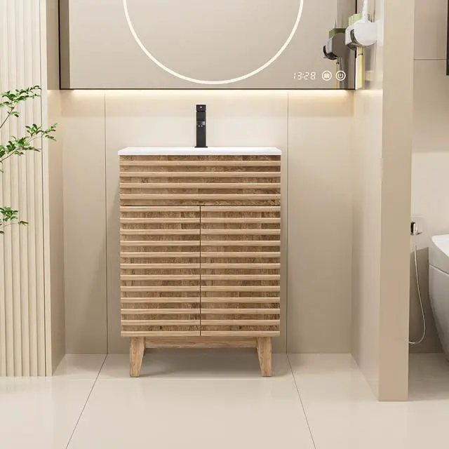 Alt view image 4 of 6 - 24" Bathroom Vanity with Sink Combo, Mid-Century Storage Cabinet with Wood Stripes, Ceramic Sink and Water Saving Faucet, Walnut