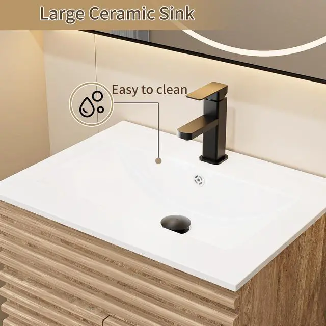 Alt view image 5 of 6 - 24" Bathroom Vanity with Sink Combo, Mid-Century Storage Cabinet with Wood Stripes, Ceramic Sink and Water Saving Faucet, Walnut