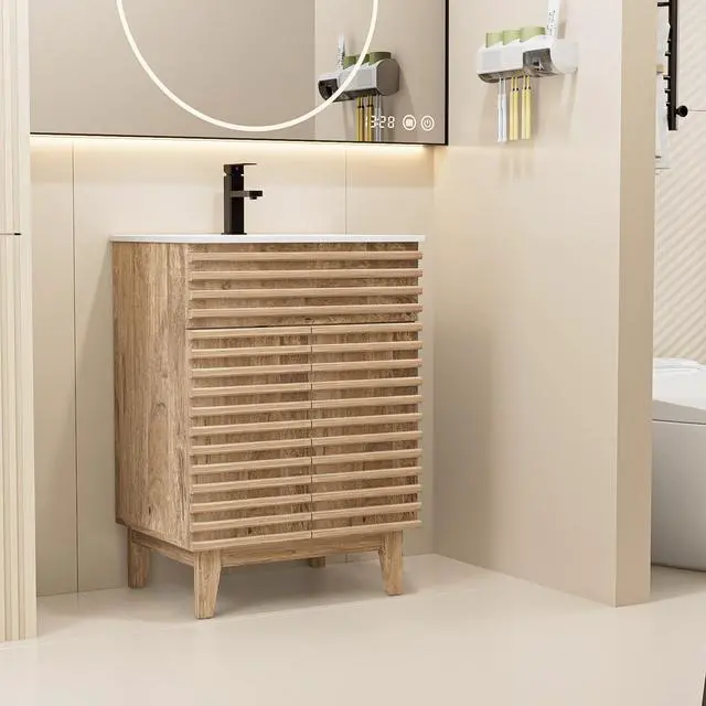Alt view image 6 of 6 - 24" Bathroom Vanity with Sink Combo, Mid-Century Storage Cabinet with Wood Stripes, Ceramic Sink and Water Saving Faucet, Walnut