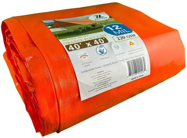 Main image of 24-551-4040 220GSM Heavy Duty Orange Poly Tarp - 40 ft x 40 ft, 12 Mil Thick, 100% Waterproof with UV Treatment, Reinforced Edges & Rust-Proof Grommets for Outdoor, Construction, and Storage