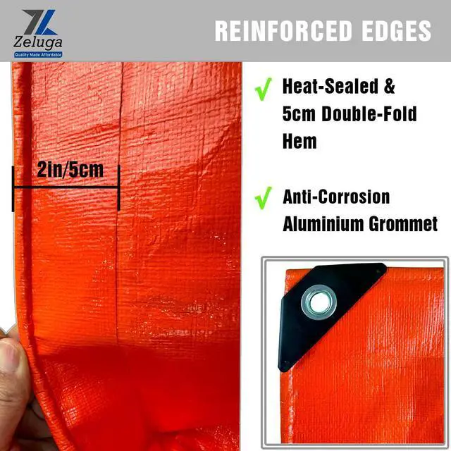 Alt view image 5 of 6 - 24-551-4040 220GSM Heavy Duty Orange Poly Tarp - 40 ft x 40 ft, 12 Mil Thick, 100% Waterproof with UV Treatment, Reinforced Edges & Rust-Proof Grommets for Outdoor, Construction, and Storage