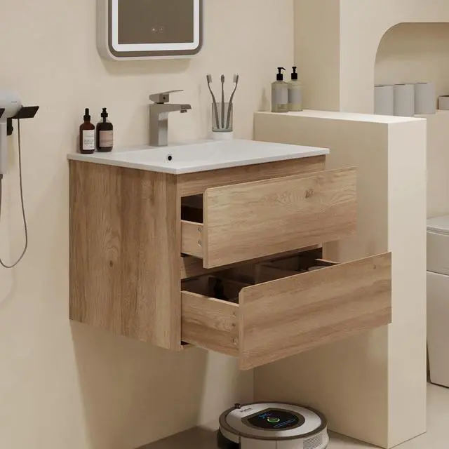Alt view image 2 of 5 - Floating Bathroom Vanity Without Sink Wall Mounted Cabinet with 2 Soft-Close Drawers and Doors, Moisture-Resistant MDF,Large Storage for Small Space(24")