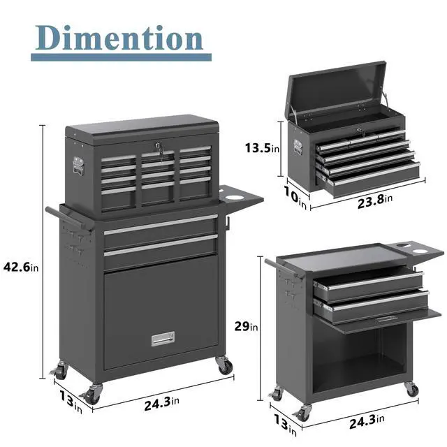 Alt view image 3 of 6 - Tool Chest, 8 Drawers Rolling Tool Chest with Wheels, Removable Cabinet Storage Tool Box with Hooks and Liners,Universal Lockable Wheels, Metal Tool Storage Cart, Tool Box for Garage, Workshop