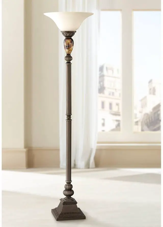 Main image of Mulholland Rustic Vintage Torchiere Floor Lamp Standing 72" Tall Bronze Tortoise Shell Font Frosted Glass Shade Decor for Living Room Reading House Bedroom Home Office