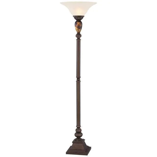Alt view image 2 of 5 - Mulholland Rustic Vintage Torchiere Floor Lamp Standing 72" Tall Bronze Tortoise Shell Font Frosted Glass Shade Decor for Living Room Reading House Bedroom Home Office
