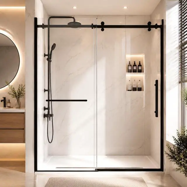 Main image of 60-60.8" W x 76" H Double Sliding Shower Door, 1/4"(6mm) Tempered Glass with Explosion-Proof Film and Nano Coating, Matte Black Semi-Frameless Shower Door, Stainless Steel Hardware
