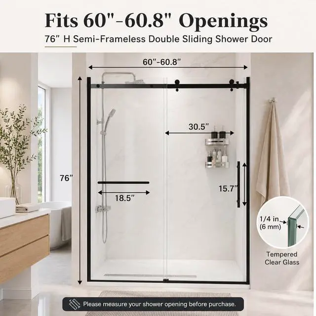 Alt view image 2 of 6 - 60-60.8" W x 76" H Double Sliding Shower Door, 1/4"(6mm) Tempered Glass with Explosion-Proof Film and Nano Coating, Matte Black Semi-Frameless Shower Door, Stainless Steel Hardware