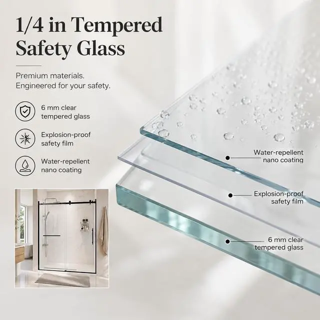 Alt view image 3 of 6 - 60-60.8" W x 76" H Double Sliding Shower Door, 1/4"(6mm) Tempered Glass with Explosion-Proof Film and Nano Coating, Matte Black Semi-Frameless Shower Door, Stainless Steel Hardware
