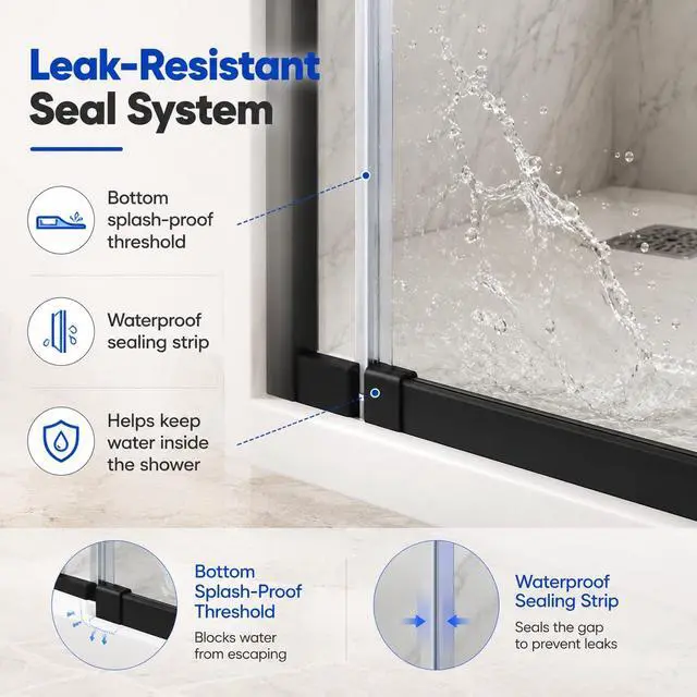 Alt view image 4 of 6 - 60-60.8" W x 76" H Double Sliding Shower Door, 1/4"(6mm) Tempered Glass with Explosion-Proof Film and Nano Coating, Matte Black Semi-Frameless Shower Door, Stainless Steel Hardware