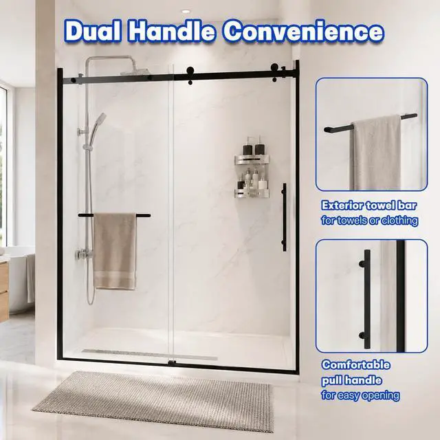 Alt view image 5 of 6 - 60-60.8" W x 76" H Double Sliding Shower Door, 1/4"(6mm) Tempered Glass with Explosion-Proof Film and Nano Coating, Matte Black Semi-Frameless Shower Door, Stainless Steel Hardware