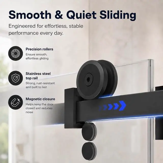 Alt view image 6 of 6 - 60-60.8" W x 76" H Double Sliding Shower Door, 1/4"(6mm) Tempered Glass with Explosion-Proof Film and Nano Coating, Matte Black Semi-Frameless Shower Door, Stainless Steel Hardware
