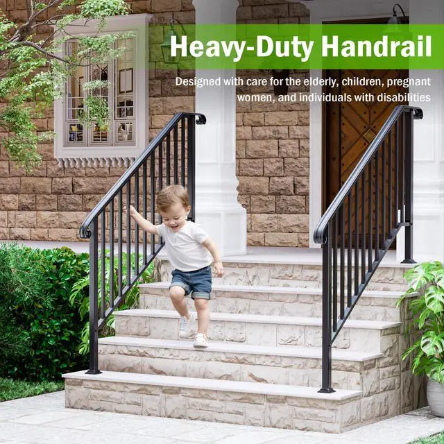 Alt view image 6 of 6 - 2 Pack 5 Step Handrails for Outdoor Steps, Fit 4 or 5 Steps Outdoor Stair Railing for Concrete Steps, Black Wrought Iron Railing, Exterior Hand Railing for Steps Adjustable Metal Hand Rails for Deck